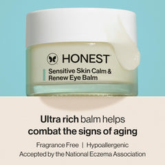 Honest Beauty Eye Balm application close-up highlights nourishing cream on the delicate eye area