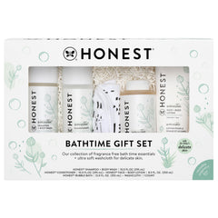 The Honest Company fragrance-free bathtime gift set box shown for sensitive skin care.