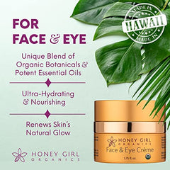 Honey Girl Organics Face & Eye Creme packaging close-up showing organic formula for sensitive skin