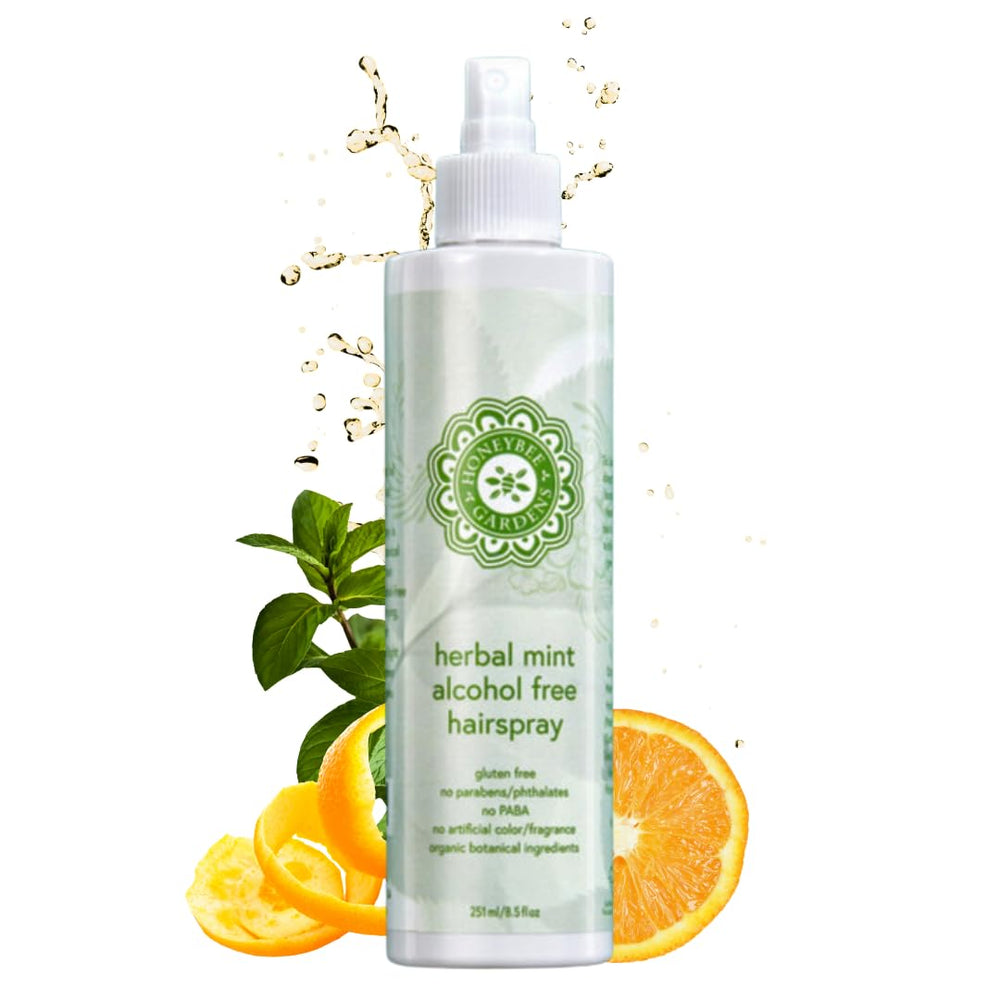 Spray para cabello Honeybee Gardens sin alcohol con menta herbal, fijación natural.