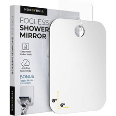 HoneyBULL fogless shower mirror 6x8 inch with anti fog clarity for easy shaving.
