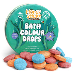 Honeysticks Bath Color Drops pack shows bright bath-time colors.
