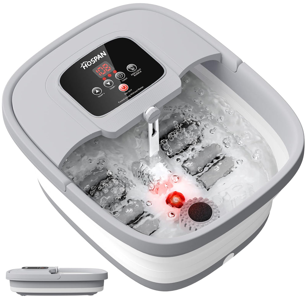 HOSPAN collapsible foot spa showing heat and bubbles for relaxing foot care.