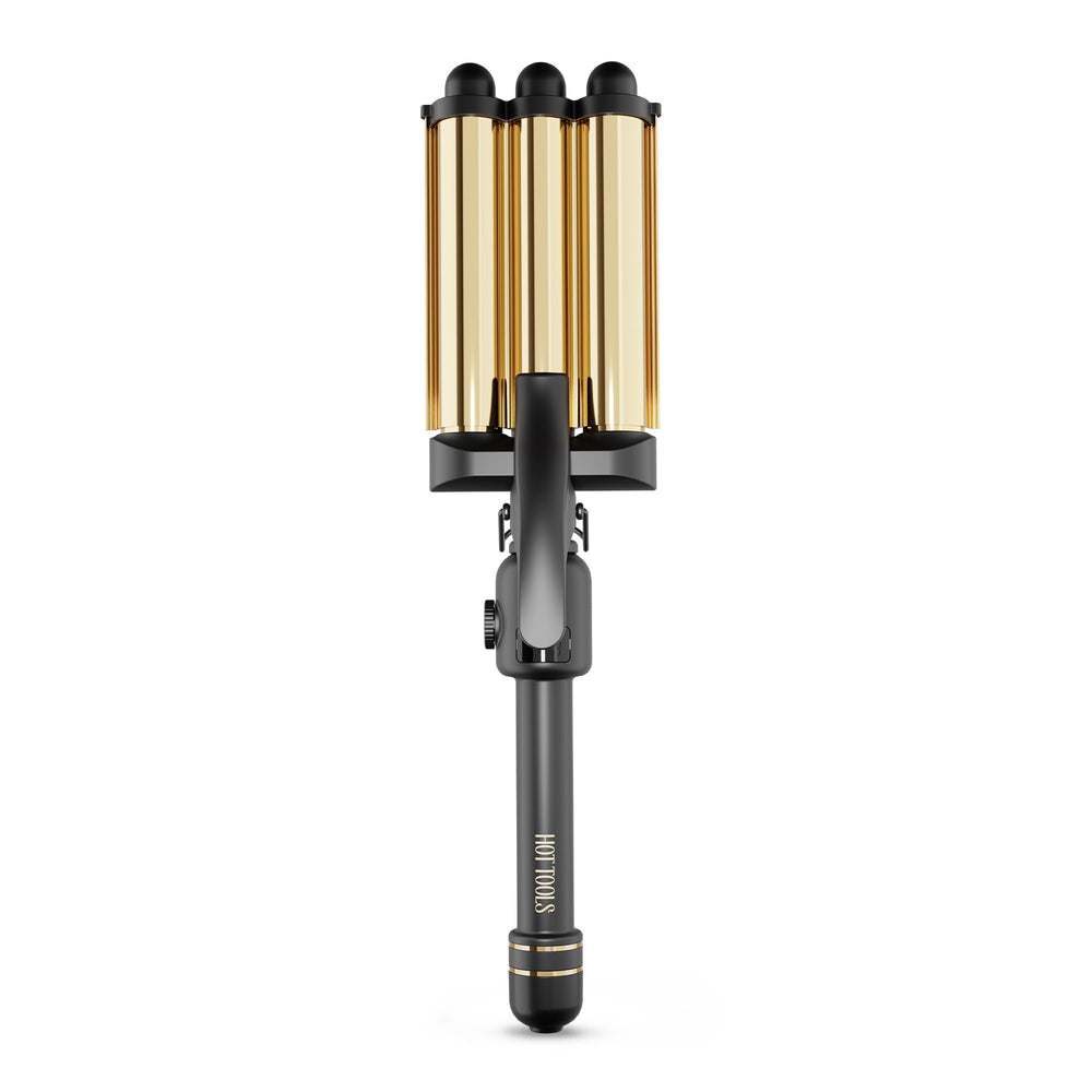 Hot Tools Pro Artist 24K Gold Three Barrel Waver front view showing jumbo barrels for smooth waves.