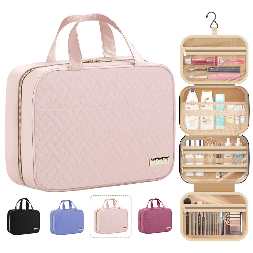 HOTOR travel toiletry bag hanging closed, compact and ready for storage.