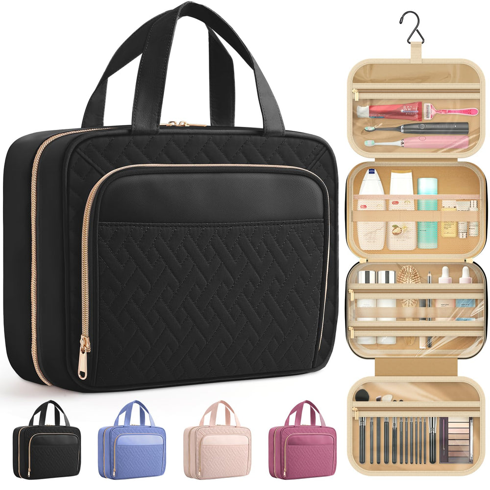 HOTOR travel toiletry bag with hanging hook for quick access on the bathroom rack.