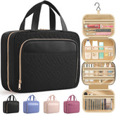 HOTOR travel toiletry bag with hanging hook for quick access on the bathroom rack.