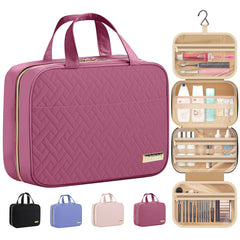 HOTOR travel toiletry bag hanging on a hook shows easy bathroom access and organization