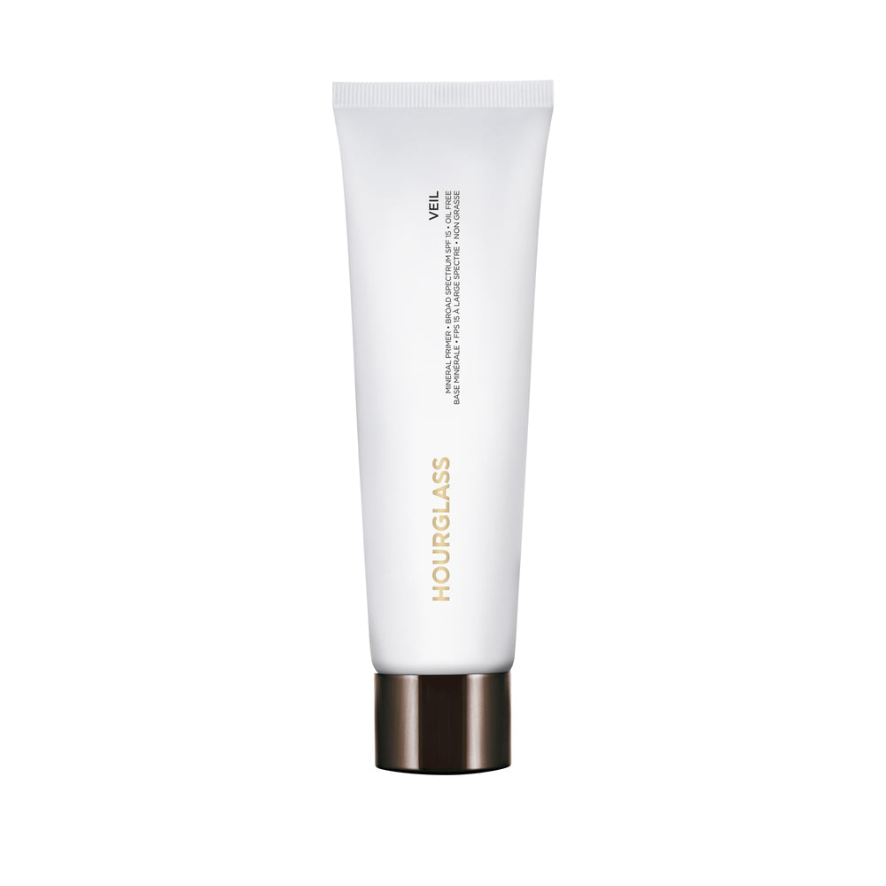 Hourglass Veil Mineral Primer bottle close-up; silky texture for a smooth makeup base.