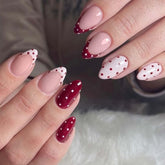 HPYFOI uñas postizas almendra con puntos blancos y rojos, estilo rápido y elegante.