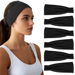 HSEM headbands for women 6-pack black close-up showing soft, moisture-wicking fabric.