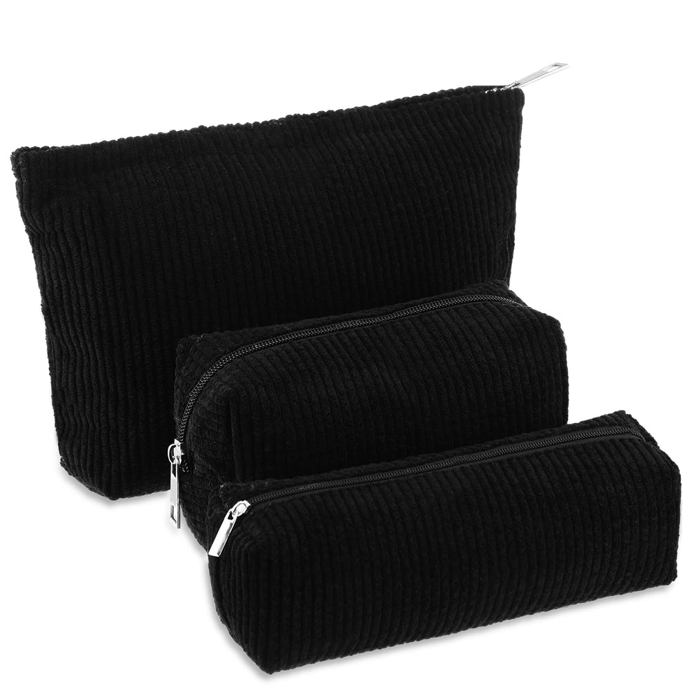 Huhumy 3-piece corduroy makeup bag set in black, ideal for organized travel