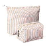 Huhumy seersucker makeup bag large in khaki stripes for travel organization.
