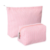 Huhumy seersucker makeup bag with rose pink stripes, ideal for organizing cosmetics on trips.