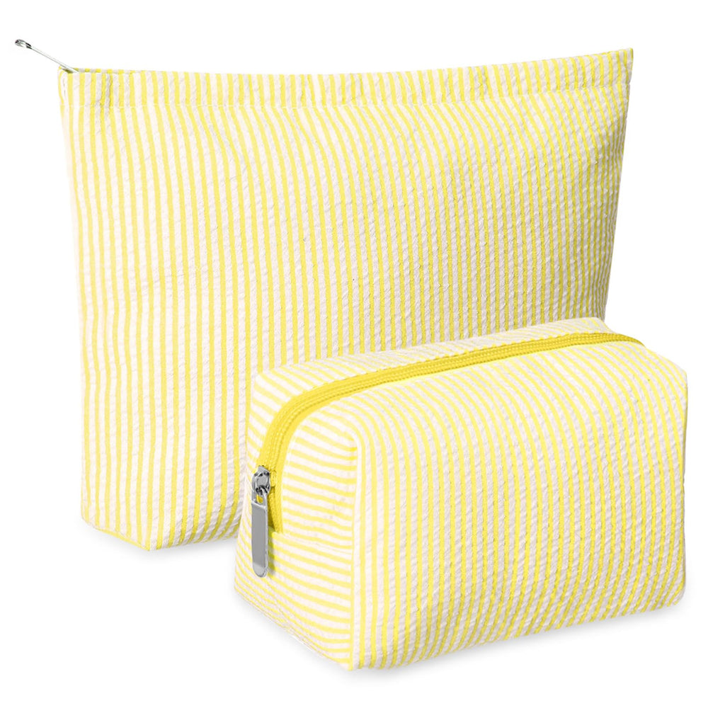Huhumy seersucker makeup bag yellow front view; soft texture for daily organization.
