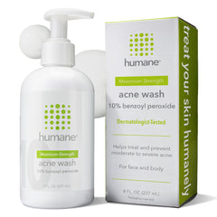 humane benzoyl peroxide acne wash bottle front view for clear skin