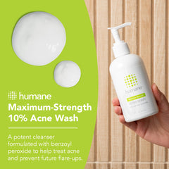 humane benzoyl peroxide acne wash label close-up highlighting 10%