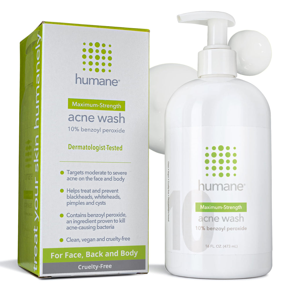 Humane benzoyl peroxide acne wash bottle demonstrates multi-area cleanse for face and body