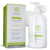 Humane benzoyl peroxide acne wash bottle demonstrates multi-area cleanse for face and body