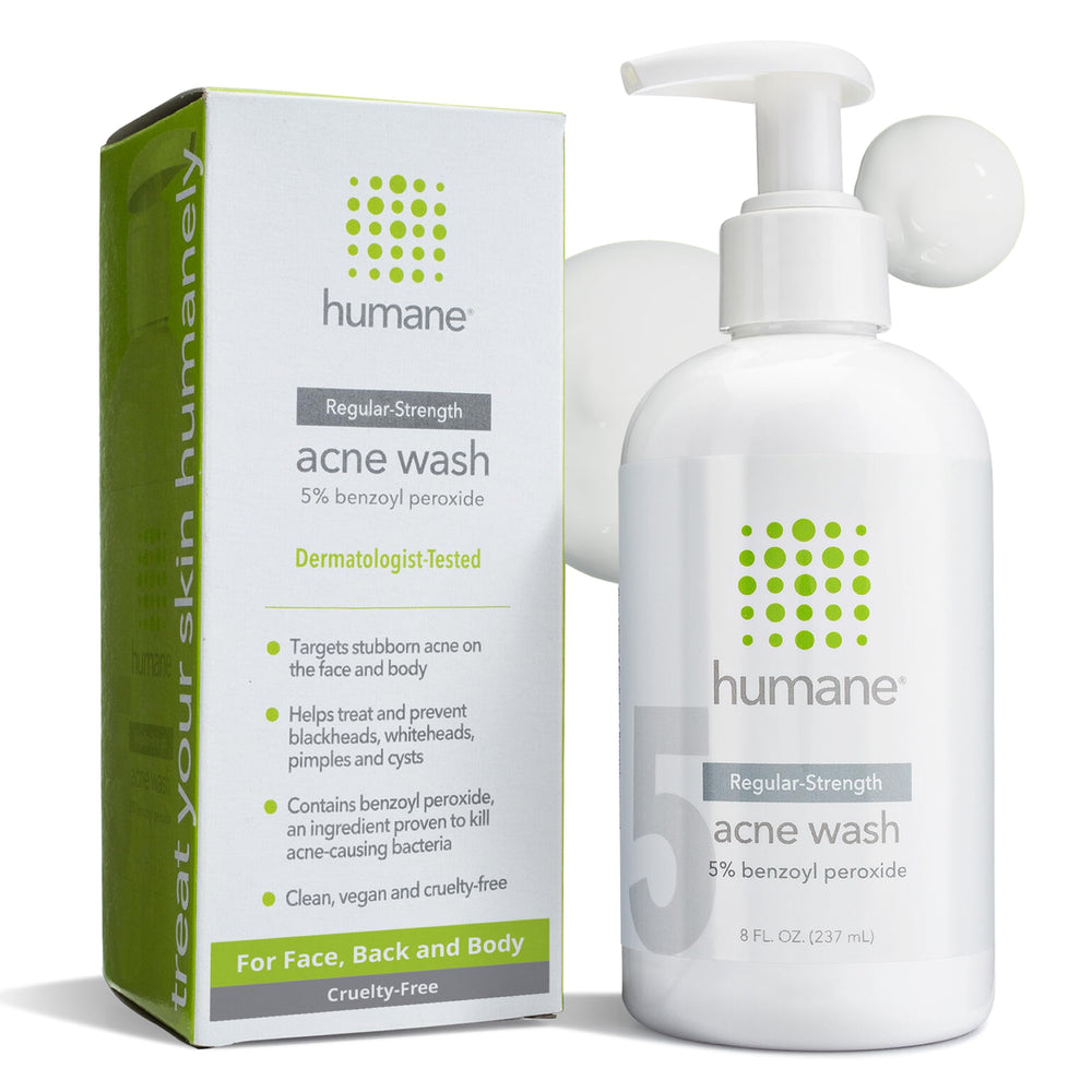 Humane Benzoyl Peroxide Face Wash bottle showing 5% formula for targeted acne care.
