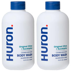 Huron men's moisturizing body wash bottle with citrus-eucalyptus scent for daily refresh