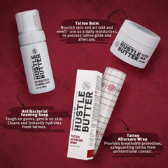Hustle Bubbles Antibacterial Foaming Soap bottle cleanses skin around new ink.