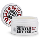 Hustle Butter Deluxe tattoo balm 5oz jar closeup, soothing vegan formula for new tattoos