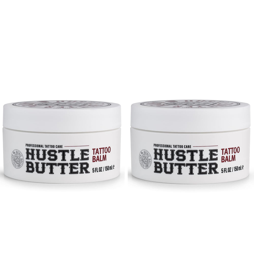 Hustle Butter Deluxe tattoo balm bottle closeup for smooth pre-ink prep.