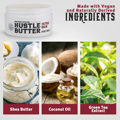 Hustle Butter Deluxe tattoo care ingredients with shea, coconut, mango seed butter and green tea
