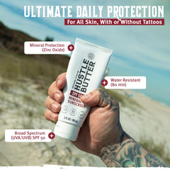 Hustle Butter Deluxe sunscreen lotion tube shows travel-friendly packaging and easy application