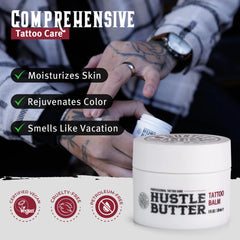 Close-up of Hustle Butter Tattoo Balm being applied to a new tattoo.