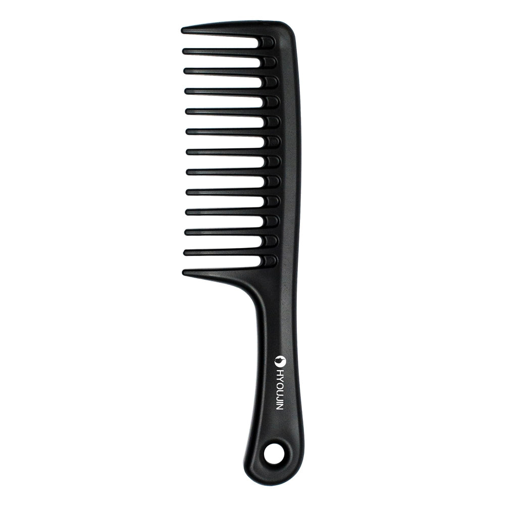 HYOUJIN black wide-tooth detangler paddle, front view, smooth detangling for all-day styling.