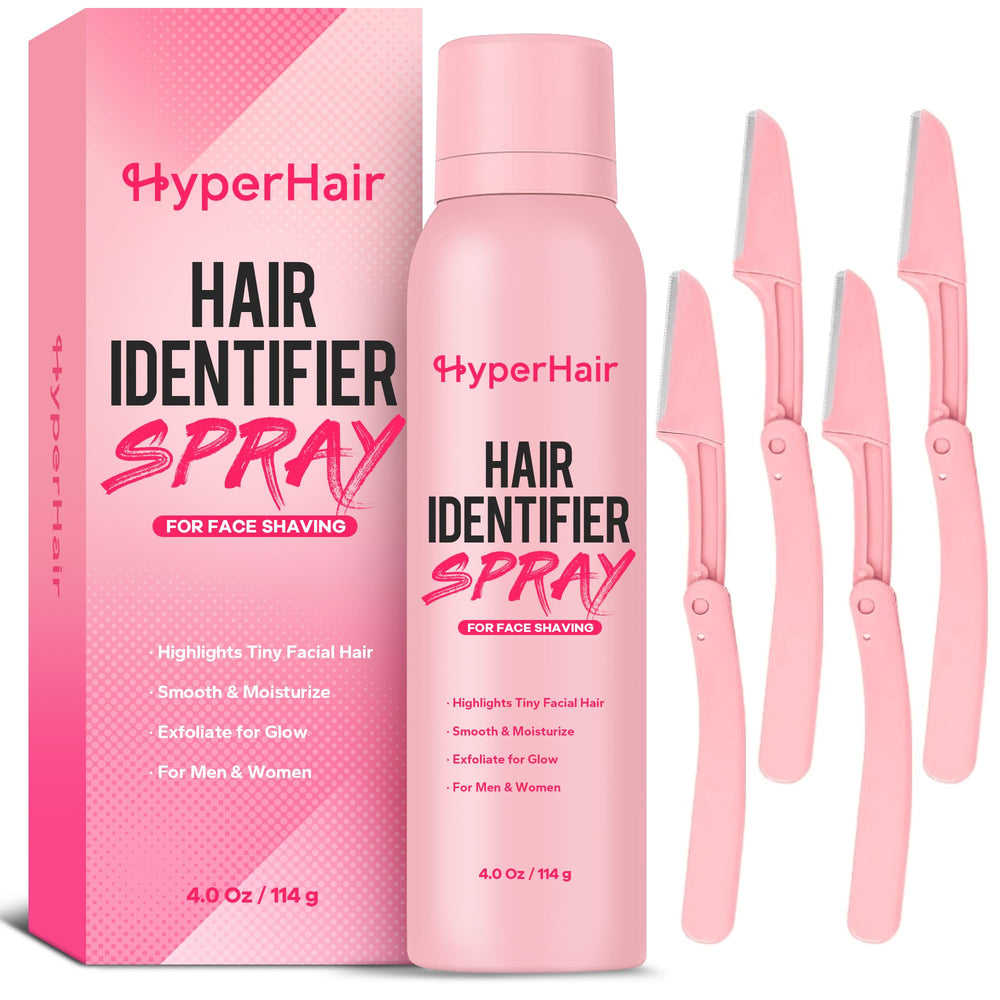 HyperHair Hair Identifier Spray visual guide helps reveal peach fuzz for precise shaving.