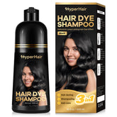 HyperHair shampoo-tinte botella derrame muestra cobertura suave de canas al aplicar.