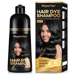 HyperHair shampoo-tinte botella derrame muestra cobertura suave de canas al aplicar.