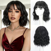 iAelev black wig with bangs bob 12 inch for daily wear, easy styling and comfortable fit.