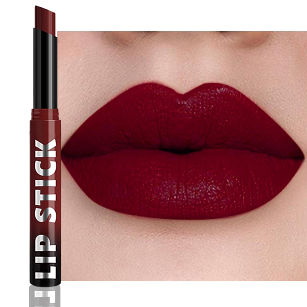 IATMOMOD maroon red lipstick outer packaging highlights vegan, long-lasting lip color.