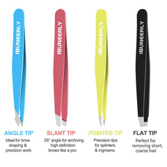 iBuneerly tweezers with flat tip highlight controlled removal of fine hairs and close gripping.