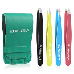 iBuneerly eyebrow tweezers set with slant tip in bright colors for precise brow shaping.