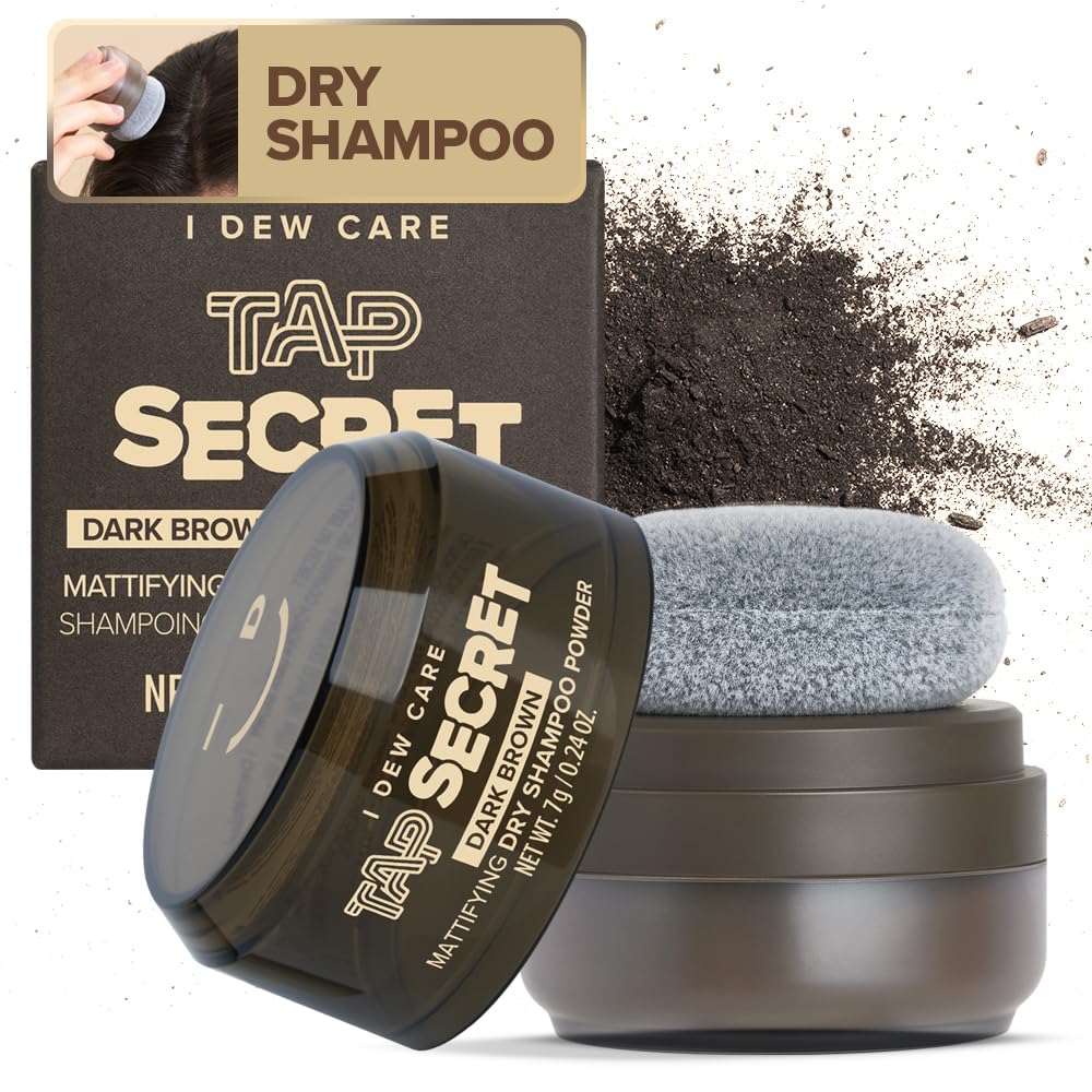 I DEW CARE Tap Secret Dark Brown Dry Shampoo tub closeup showing oil-control for fresh roots