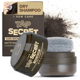 I DEW CARE Tap Secret Dark Brown Dry Shampoo tub closeup showing oil-control for fresh roots