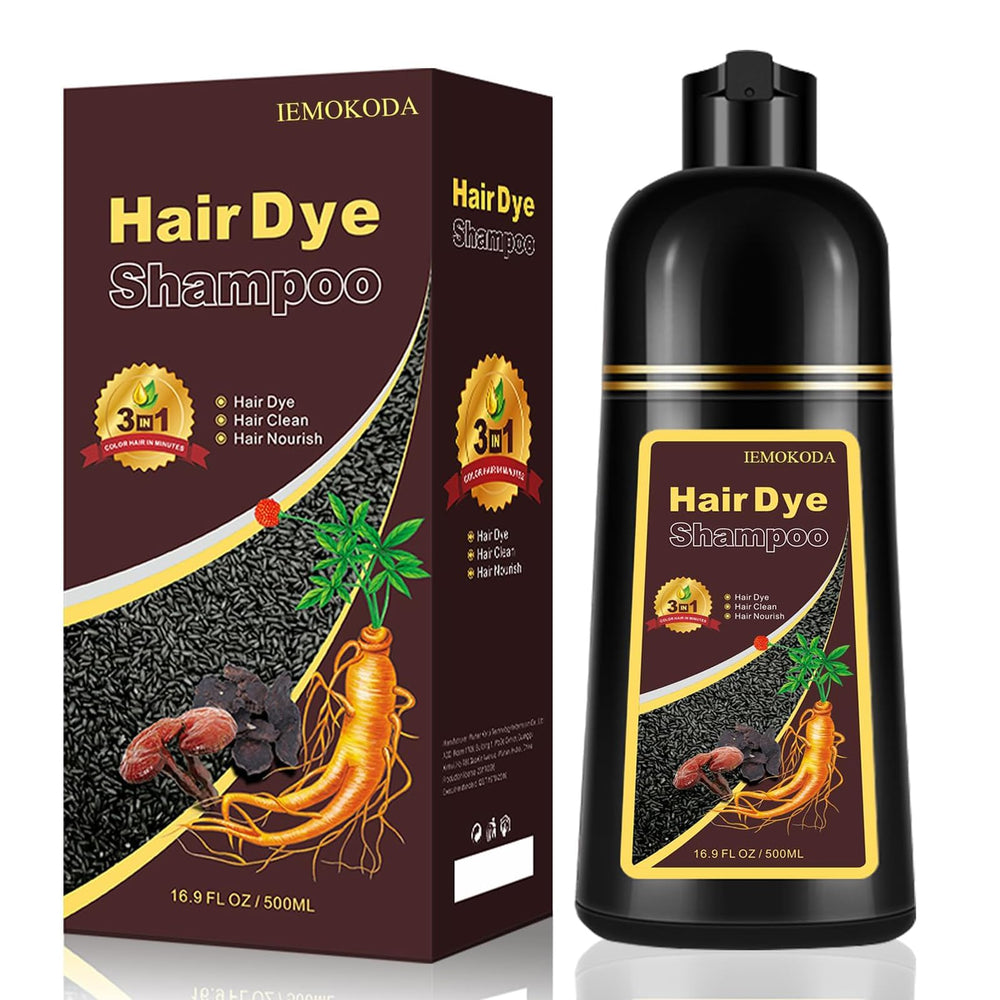iemokoda Chestnut Brown Hair Dye Shampoo packaging shows a simple 3-in-1 color solution.