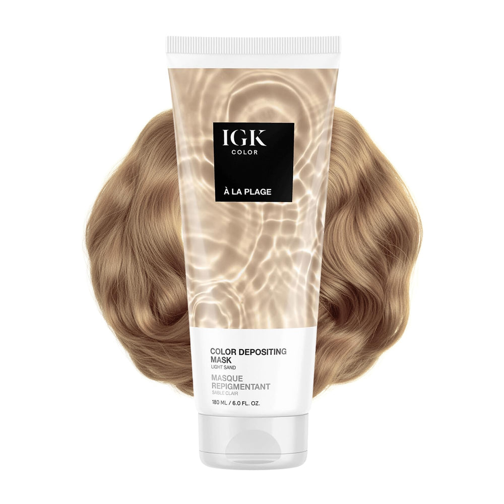 IGK A La Plage light sand bottle shows color-depositing mask packaging for hydration.