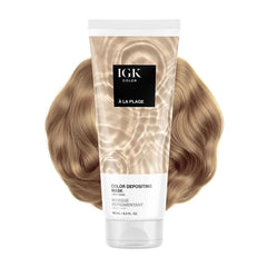 IGK A La Plage light sand bottle shows color-depositing mask packaging for hydration.