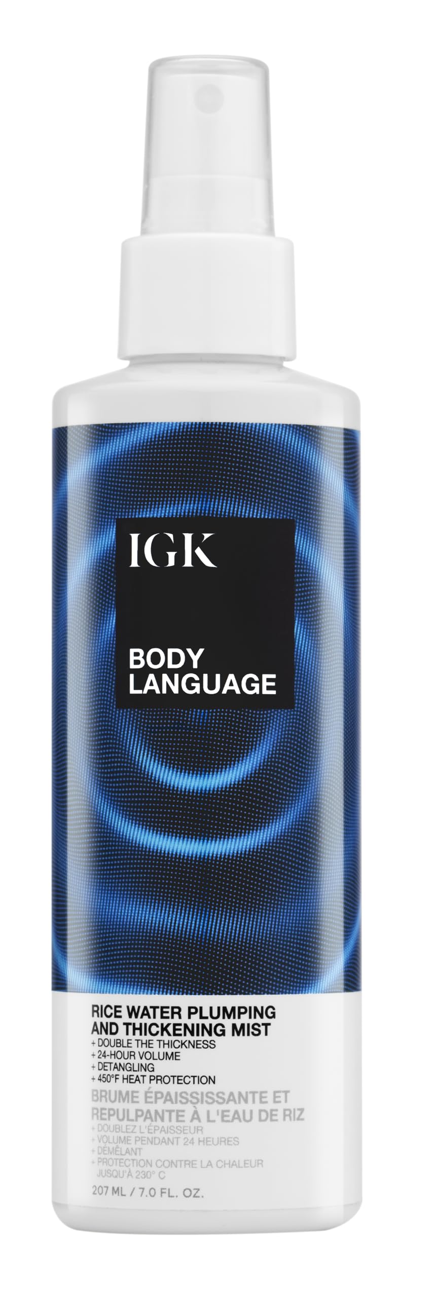 IGK Body Language Rice Water Mist bottle priming for lightweight volume.