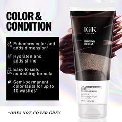IGK Brown Bella application gloss image showing one-step conditioning and shine.