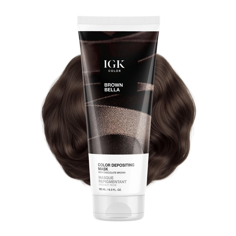 IGK Brown Bella color-depositing mask jar closeup for a rich color refresh.