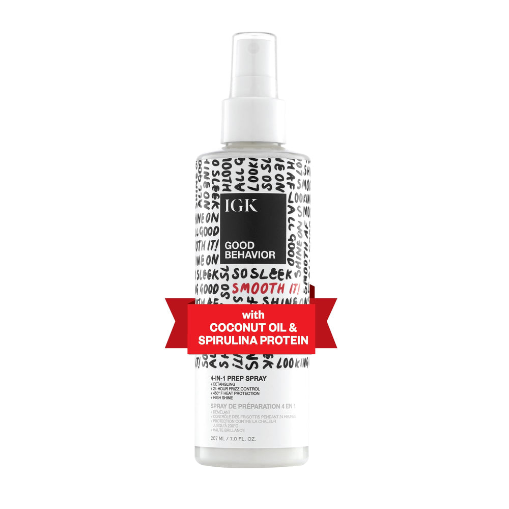IGK Good Behavior 4-in-1 prep spray bottle ready for detangling and heat protection.
