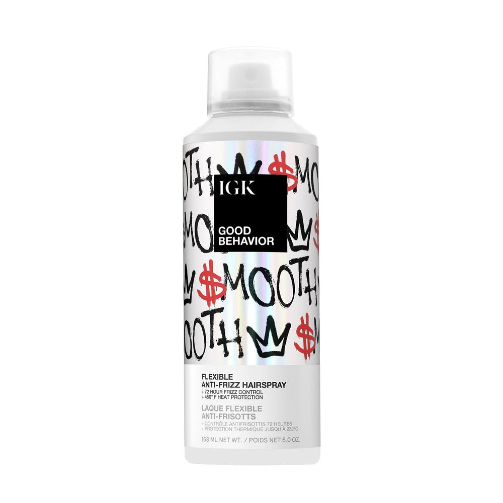 IGK Good Behavior flexible hairspray bottle demonstrates frizz control.