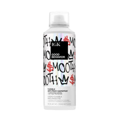 IGK Good Behavior flexible hairspray bottle demonstrates frizz control.